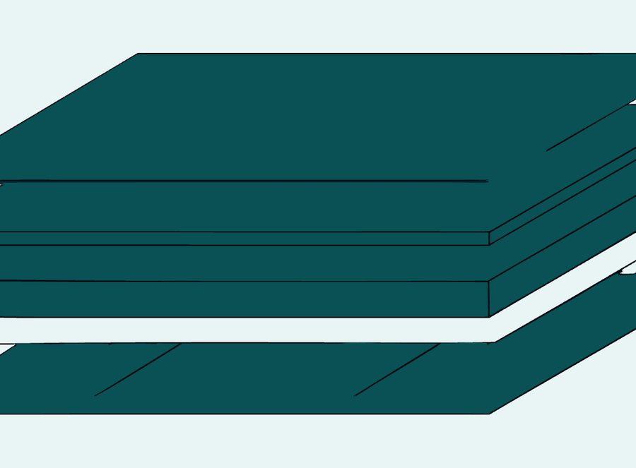 Stepped cutaway of a flat roof assembly: membrane, cover board, insulation, vapour retarder and steel deck.